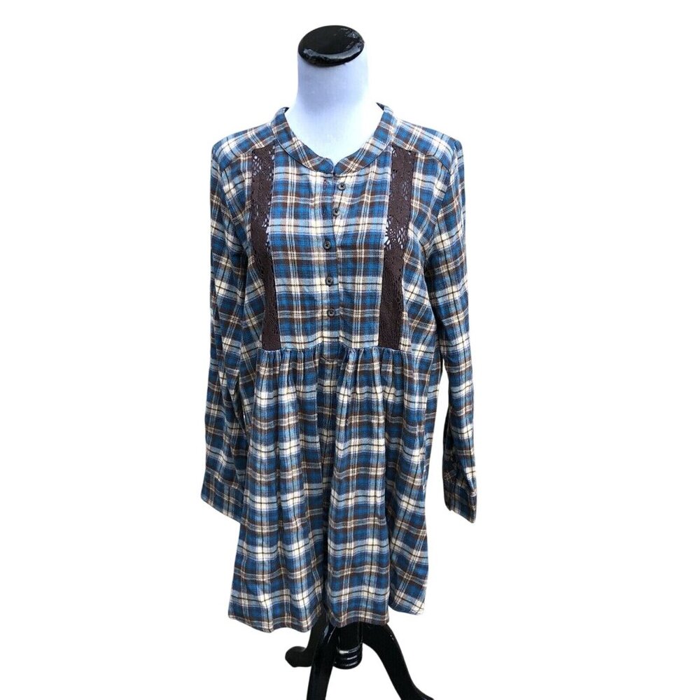 Wrangler Wrancher‎ Womens Med Blue Plaid Flannel Lace Tunic Prairie Boho Cowgirl
